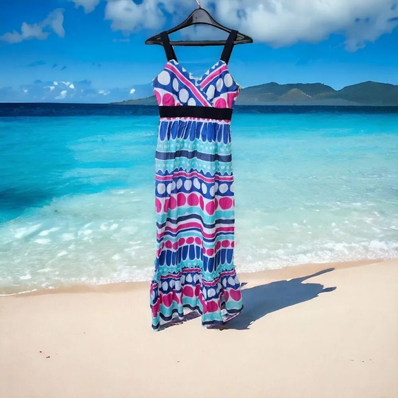 Vineyard Vines Carolina Stripe Maxi Dress Ruffle Geometric Empire Waist Size 2 - Picture 1 of 8